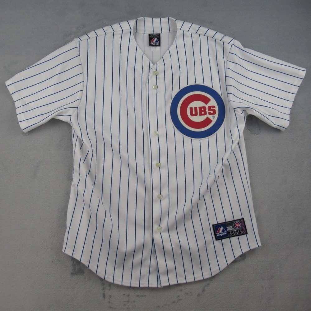 Majestic Chicago Cubs MLB Baseball Jersey Mens Large White Blue Pinstripe 6700